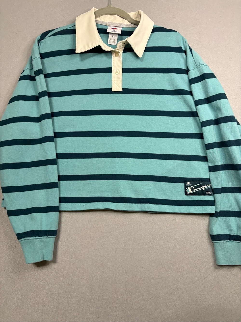 Champion Cropped Striped Rugby Top in Teal & Navy 100% cotton sz XL - Picture 3 of 9